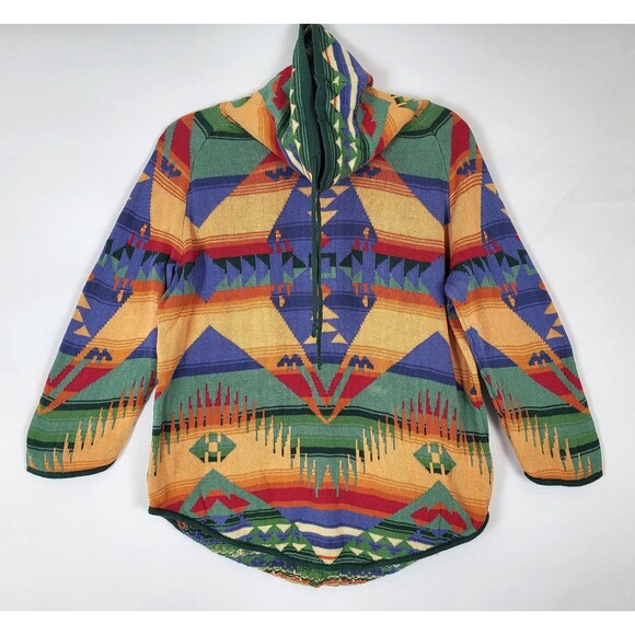Chaps Denim Aztec Southwestern Navajo Funnel Neck Sweater Womens Large - Picture 1 of 4